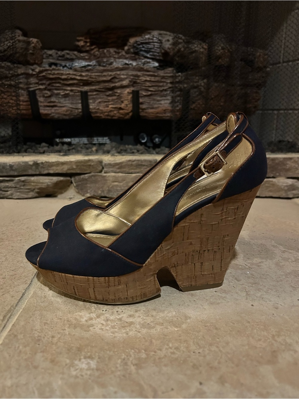 Women’s Navy Peep-Toe Cork Wedge Sandals